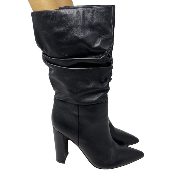 Marc Fisher 8.5 Black Gomer Leather Boots Pointed Toe Gathered Cinch Block Heel - Picture 1 of 14